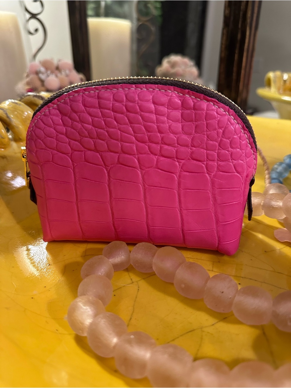 Authentic Pink Exotic Alligator skin & Coated Canvas Mini Cosmetic Pouch